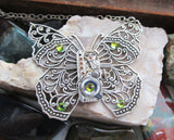 Silver Filigree Butterfly Watchworks Rainbow Crystal Necklace