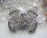 Silver Filigree Butterfly Watchworks Rainbow Crystal Necklace