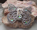 Silver Filigree Butterfly Watchworks Rainbow Crystal Necklace