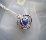 Silver Heart Cage Lapis Lazuli Crystal Sphere Pendant Necklace