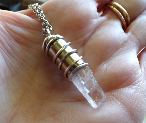 Pink Optical Calcite Crystal Silver Bullet Jewelry Pendant Necklace