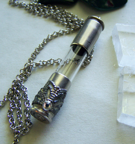 Glass Keepsake Capsule Silver Filigree Bullet Pendant