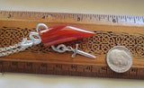 Orange Carnelian Horn Wire Wrapped Silver Dagger Pendant Necklace