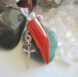 Orange Carnelian Horn Wire Wrapped Silver Dagger Pendant Necklace