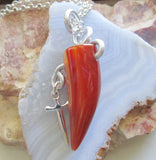 Orange Carnelian Horn Wire Wrapped Silver Dagger Pendant Necklace