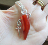 Orange Carnelian Horn Wire Wrapped Silver Dagger Pendant Necklace