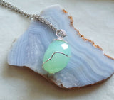 Aqua Chalcedony Gemstone Crystal Wire Wrapped Pendant Necklace