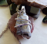 Natural Lace Agate Chalcedony Wire Wrapped Pendant Necklace