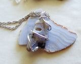 Natural Lace Agate Chalcedony Wire Wrapped Pendant Necklace