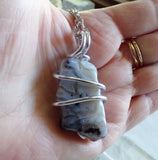 Natural Lace Agate Chalcedony Wire Wrapped Pendant Necklace