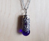 Cobalt Blue Marble Silver Filigree Bullet Jewelry Pendant Necklace