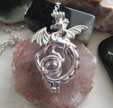 Silver Dragon Locket Cage with Quartz Crystal Ball Pendant Necklace