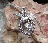 Silver Dragon Locket Cage with Quartz Crystal Ball Pendant Necklace