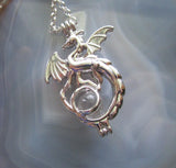 Silver Dragon Locket Cage with Quartz Crystal Ball Pendant Necklace