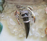 Silver Wyvern Dragon Natural Gold Sheen Obsidian Horn Pendant Necklace