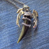 Silver Wyvern Dragon Natural Gold Sheen Obsidian Horn Pendant Necklace