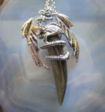 Silver Wyvern Dragon Natural Gold Sheen Obsidian Horn Pendant Necklace