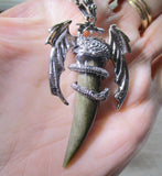 Silver Wyvern Dragon Natural Gold Sheen Obsidian Horn Pendant Necklace