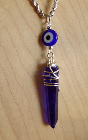 Royal Blue Mystic Quartz Crystal Evil Eye Pendant Necklace