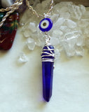 Royal Blue Mystic Quartz Crystal Evil Eye Pendant Necklace