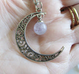 Filigree Crescent Moon Lavender Fluorite Crystal Ball Pendant Necklace