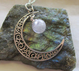 Filigree Crescent Moon Lavender Fluorite Crystal Ball Pendant Necklace