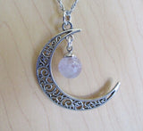 Filigree Crescent Moon Lavender Fluorite Crystal Ball Pendant Necklace