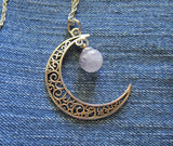 Filigree Crescent Moon Lavender Fluorite Crystal Ball Pendant Necklace