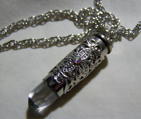 Quartz Crystal Filigree Silver Bullet Pendant Necklace