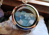 Blue Fluorite Gemstone Floating Crystals Double Sided Glass Locket Pendant Necklace