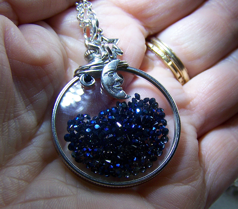 Cosmic Metallic Blue Floating Crystals Double Sided Glass Locket