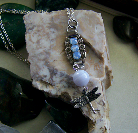 Forget Me Not Vintage Sterling Charm Blue Agate Dragonfly Necklace