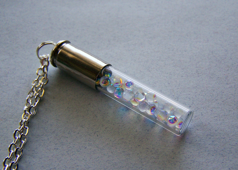 Iridescent Glass Spheres Silver Bullet Jewelry Pendant