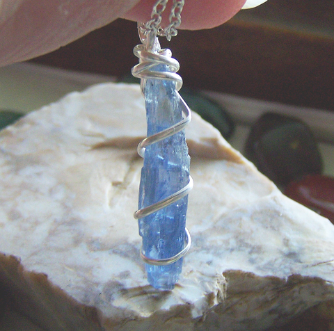 Blue Kyanite Raw Gemstone Wire Wrapped Pendant Necklace