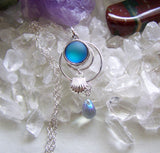 Frosted Blue Mermaid Glass Silver Shell Pendant Necklace