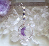 Amethyst Crystal Moon Purple Iolite Silver Circle Pendant Necklace