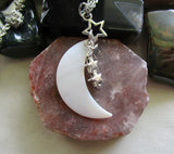 Mother of Pearl Natural Crescent Moon Silver Stars Pendant Necklace