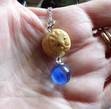 Netsuke Cat Carved Bead with Blue Cat's Eye Marble Pendant Necklace