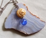 Netsuke Cat Carved Bead with Blue Cat's Eye Marble Pendant Necklace