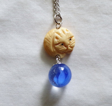 Netsuke Cat Carved Bead with Blue Cat's Eye Marble Pendant Necklace