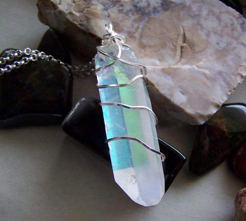 Opal Aura Large Quartz Crystal Point Wire Wrapped Pendant Necklace