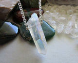 Opal Aura Lemurian Quartz Crystal Point Pendant Necklace