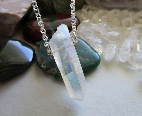 Opal Aura Lemurian Quartz Crystal Point Pendant Necklace