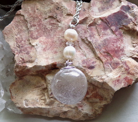 Natural Quartz Crystal Ball Freshwater Pearl Pendant Necklace