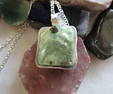 Natural Green Prehnite Crystal Cube Wire Wrapped Pendant Necklace