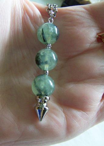 Natural Prehnite Gemstone Ball Silver Spike Pendulum Pendant