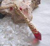 Vintage Gold Celtic Filigree and Red Crystal Prism Pendant Necklace