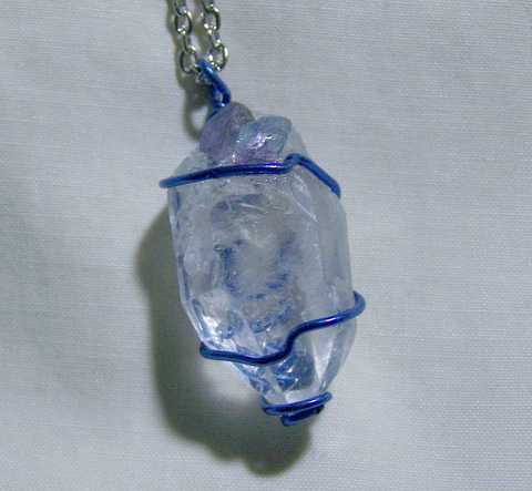 Quartz Point with Blue and Purple Fluorite Wire Wrapped Crystal Pendant