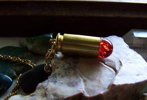 Vintage Red Crackle Glass Sphere Brass Bullet Pendant