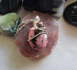 Natural Pink and Black Rhodonite Gemstone Crystal Pendant Necklace